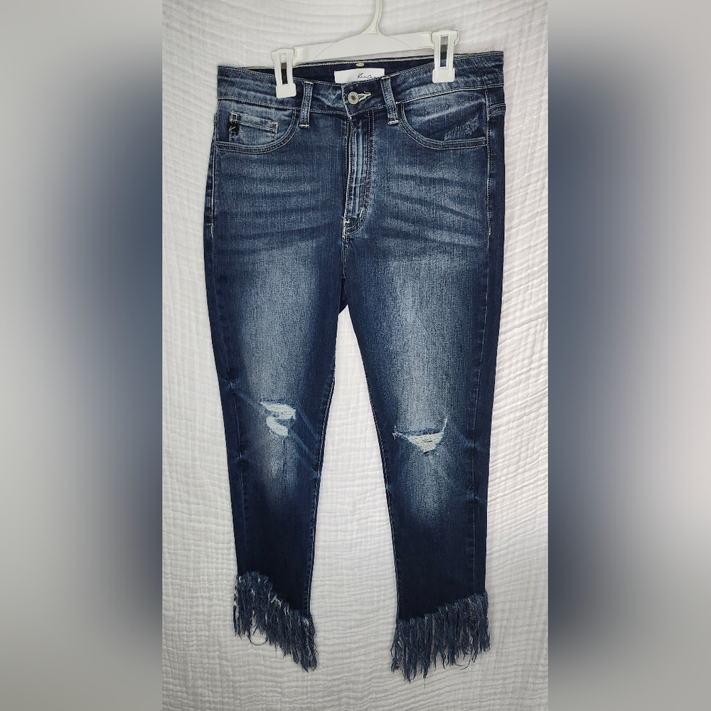 KanCan High Rise Super Skinny Jeans Fringe Asymmetrical Hem Size 9/28 Distressed